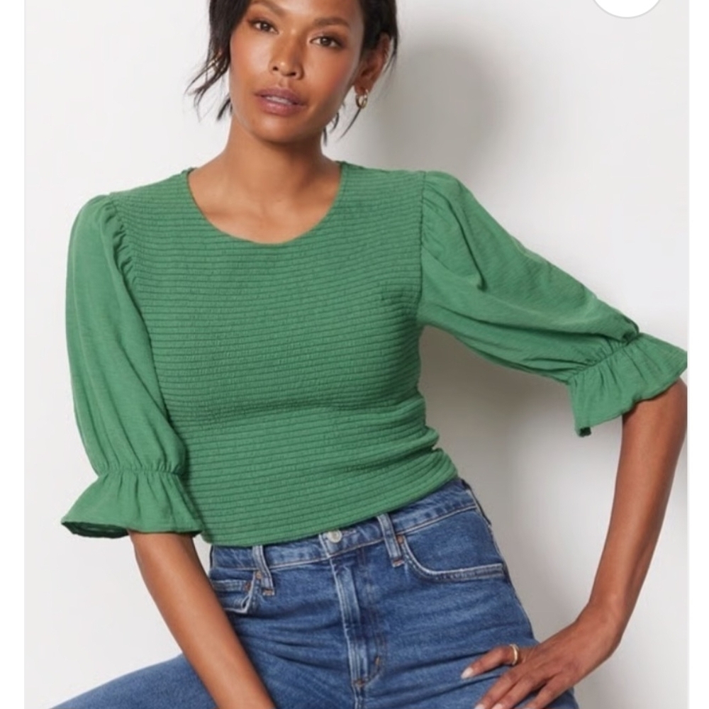 NWOT Nation LTD Bardot Puff Sleeve Tee Fern Green Smocked Top M
